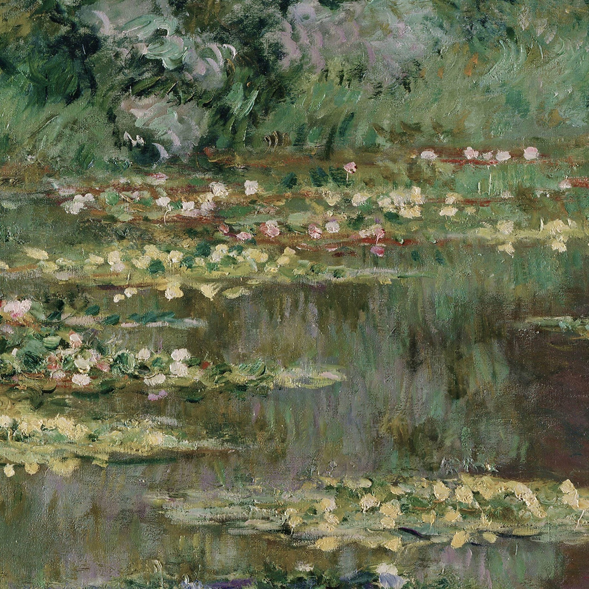 Painting of a pond with lilies and reflections