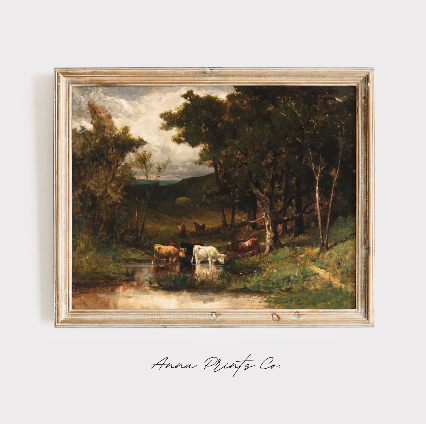 Vintage art print of Cows in Summer Landscape displayed in wooden frame