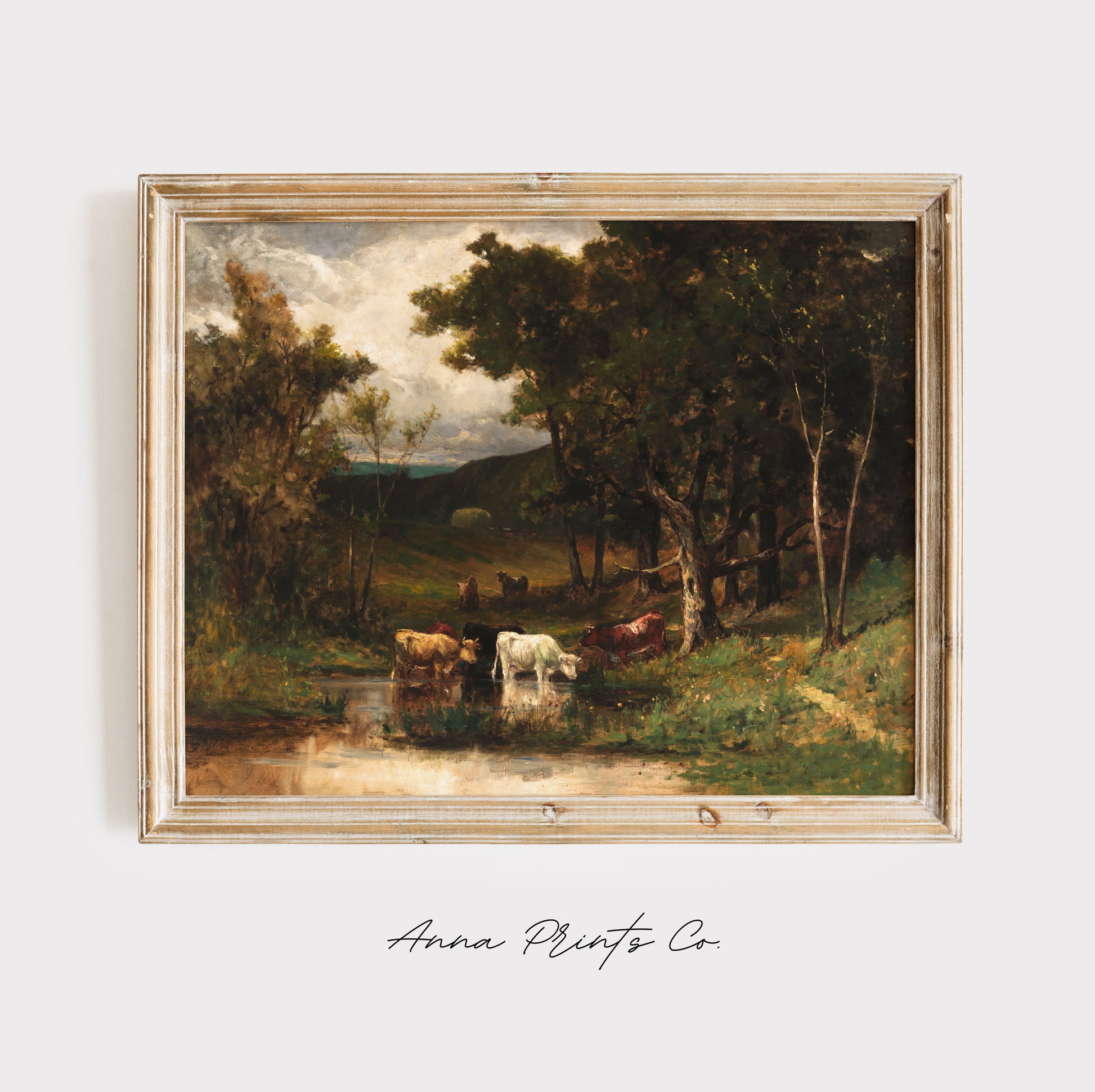 Vintage art print of Cows in Summer Landscape displayed in wooden frame