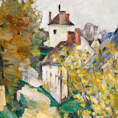 Painting of a village scene with houses and trees