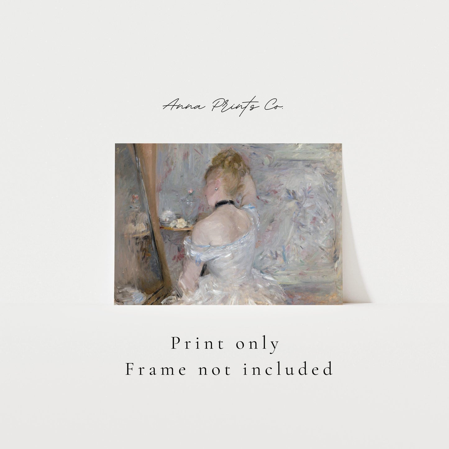 Vintage art print of Woman at her Toilette by Morisot with text overlay stating frame not included