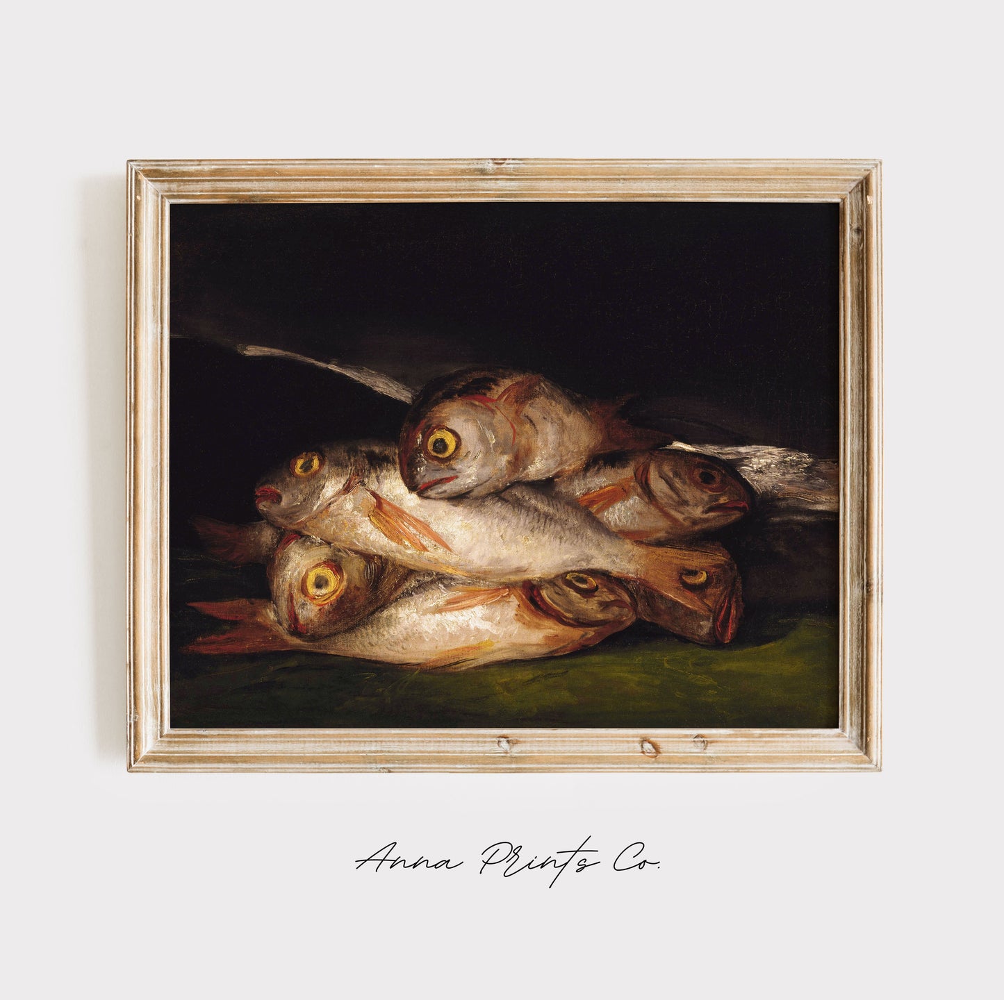 Vintage art print of Moody Fish Still Life Painting displayed in wooden frame