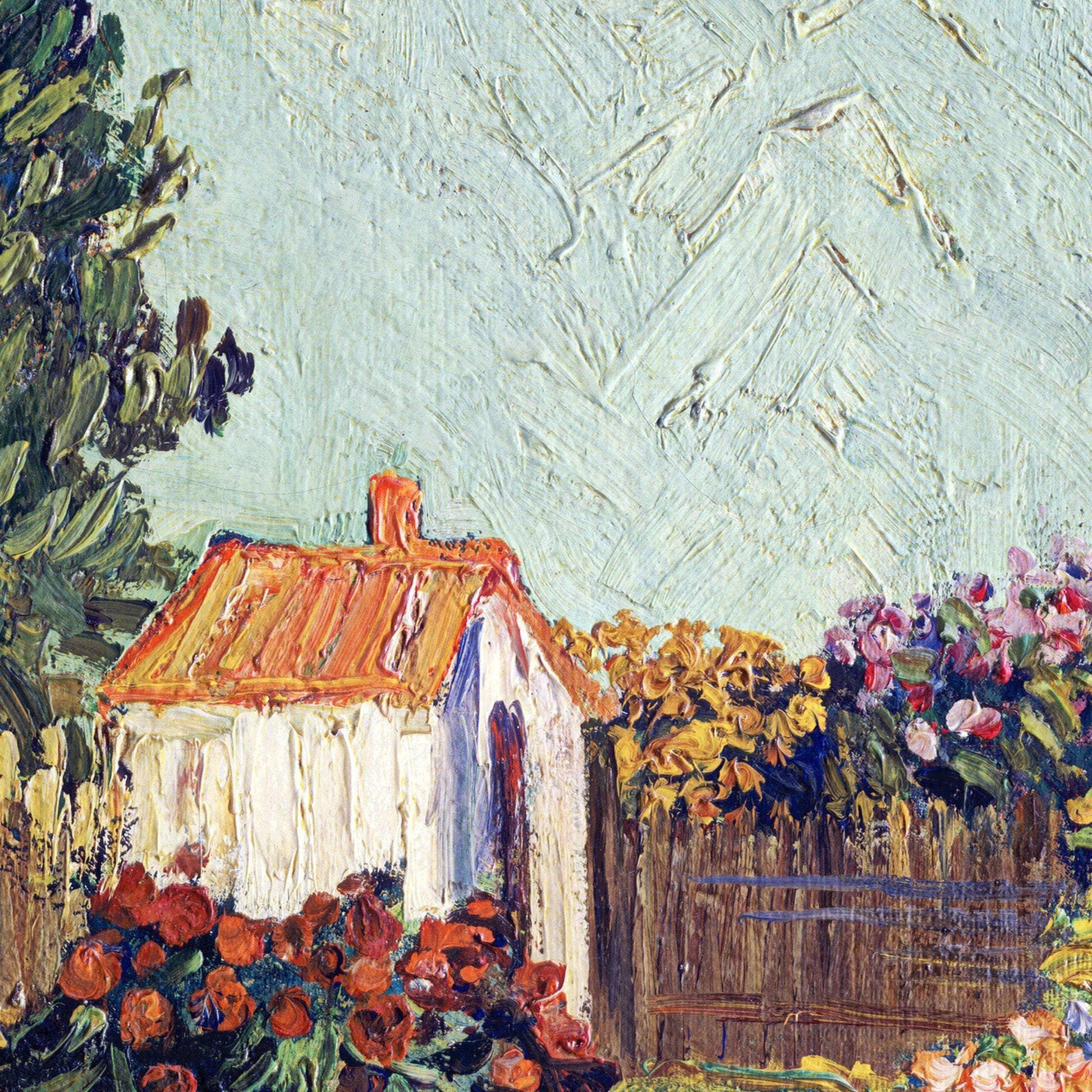 Painting of a small house with flowers and trees