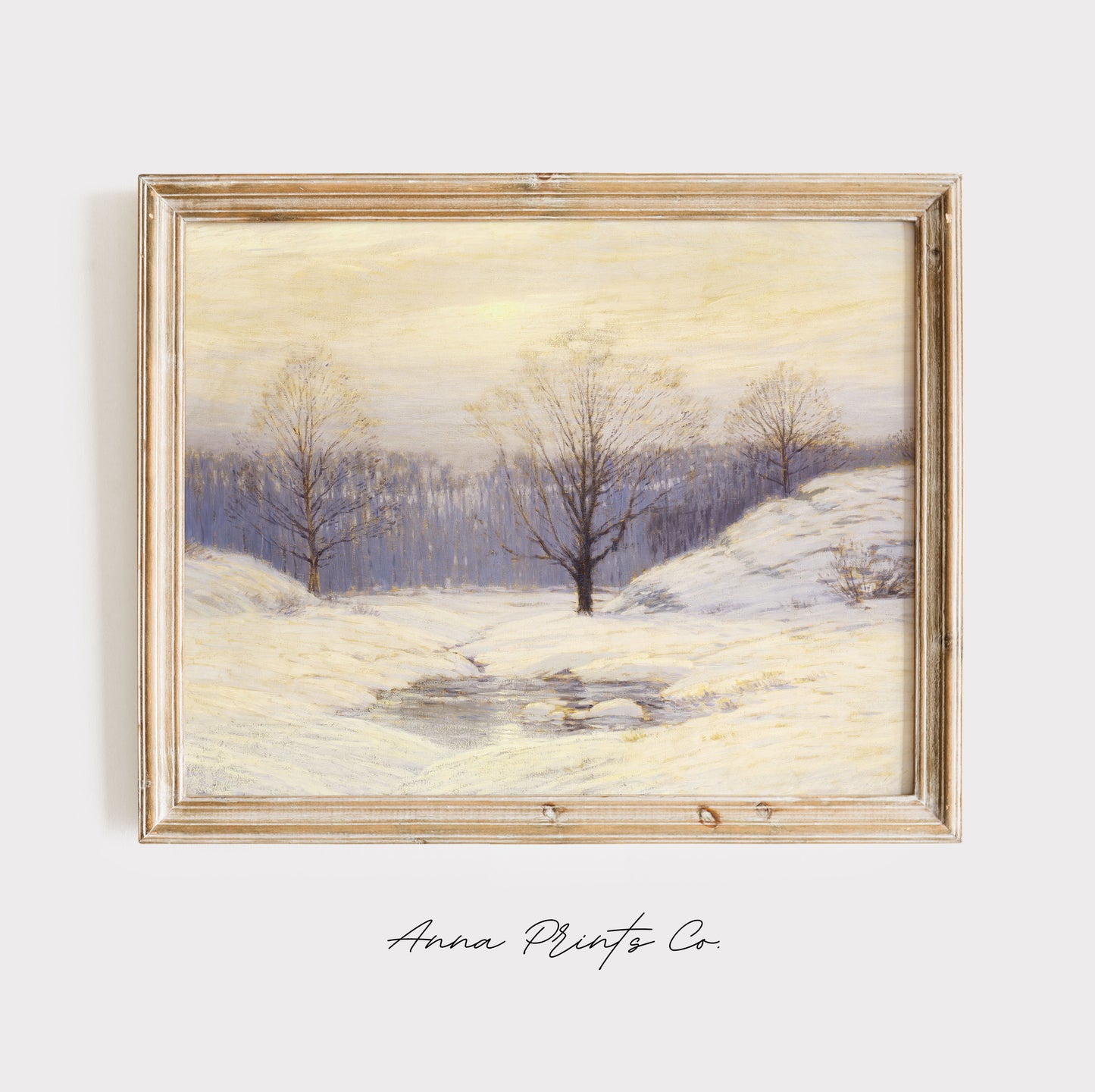 Vintage art print of Hazy Snowy Winter Landscape displayed in wooden frame