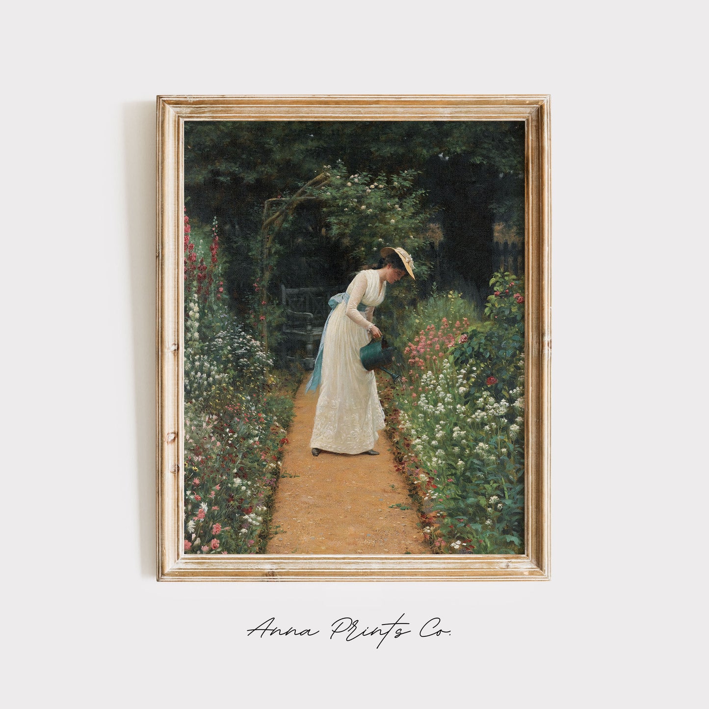 Vintage art print of My Lady's Garden by Leighton displayed in wooden frame