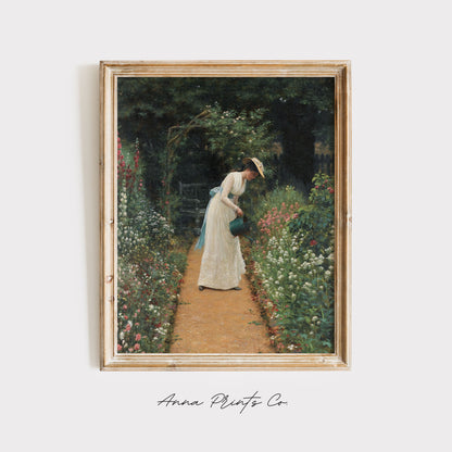 Vintage art print of My Lady's Garden by Leighton displayed in wooden frame