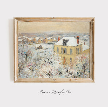 Vintage art print of House in Winter Painting displayed in wooden frame