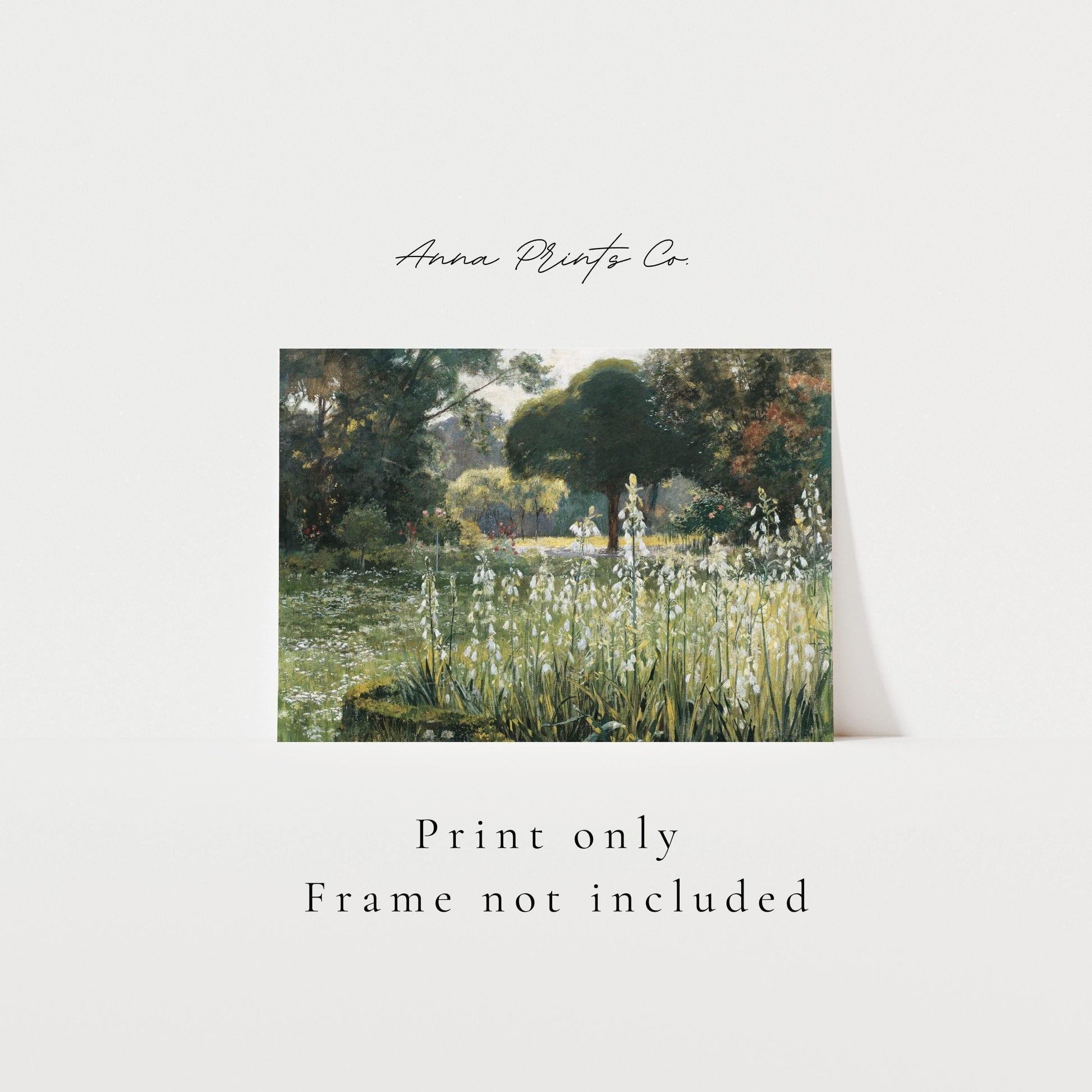 Vintage art print of Summer Hyacinths Cottage Landscape with text overlay stating frame not included