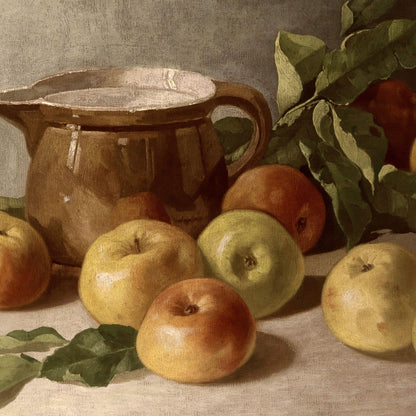Still life painting of apples and a pitcher on a cloth surface