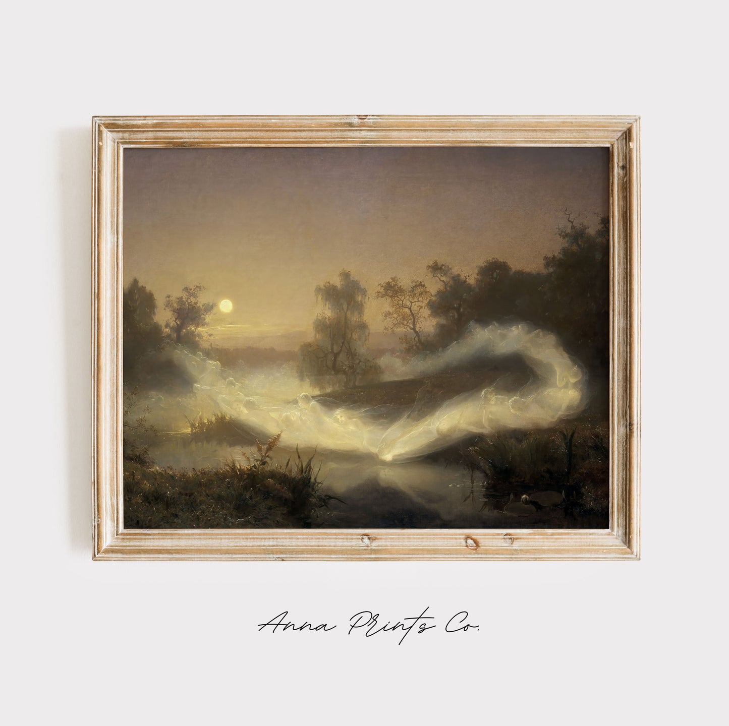 Vintage art print of Dancing Fairies by Malmstrom displayed in wooden frame