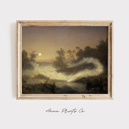 Vintage art print of Dancing Fairies by Malmstrom displayed in wooden frame