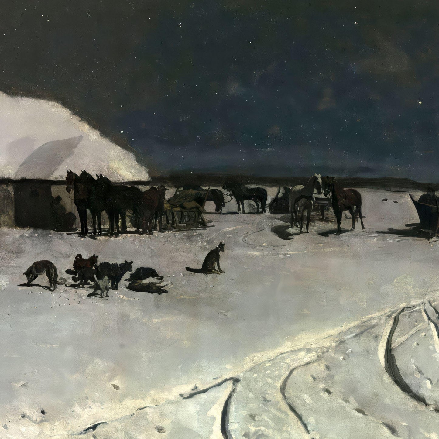 Painting of a snowy landscape with animals and tents under a starry sky