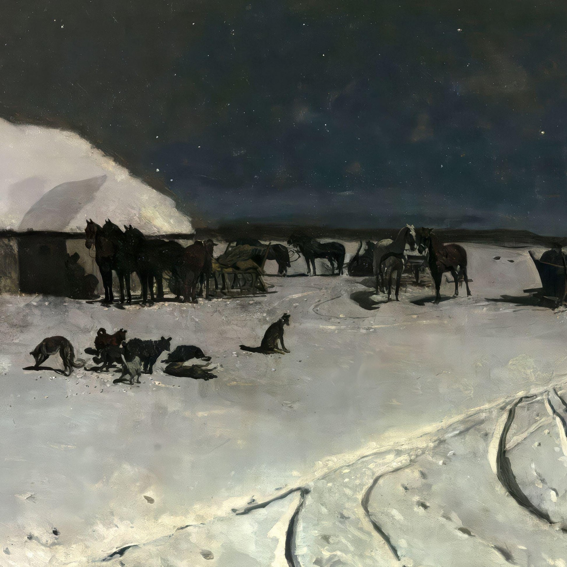 Painting of a snowy landscape with animals and tents under a starry sky