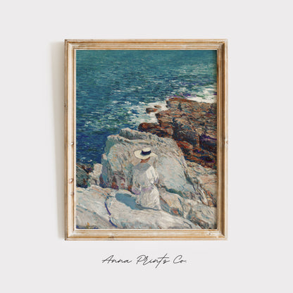 Vintage art print of The South Ledges, Appledore by Hassam displayed in wooden frame