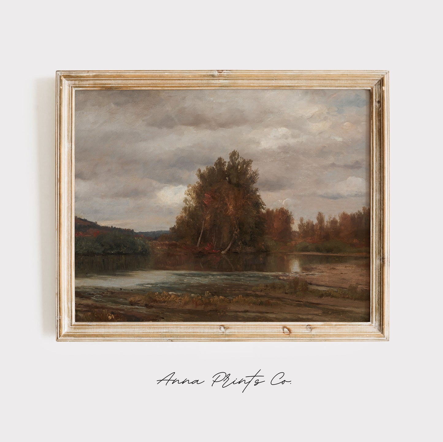 Vintage art print of Fall River Landscape Painting displayed in wooden frame