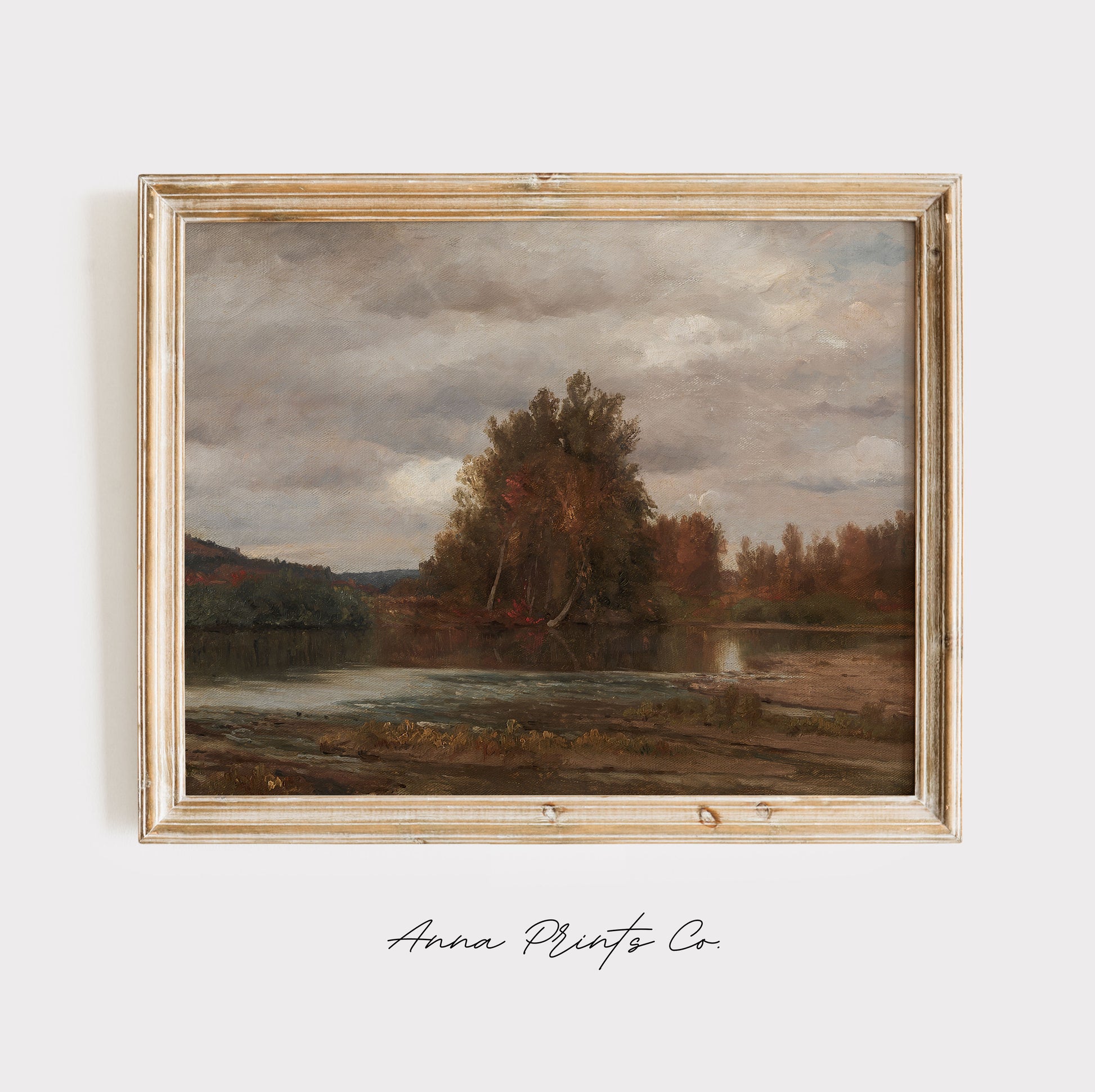 Vintage art print of Fall River Landscape Painting displayed in wooden frame