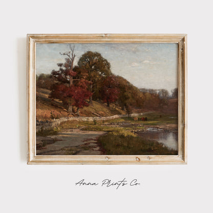 Vintage art print of Autumn Forest Landscape Painting displayed in wooden frame