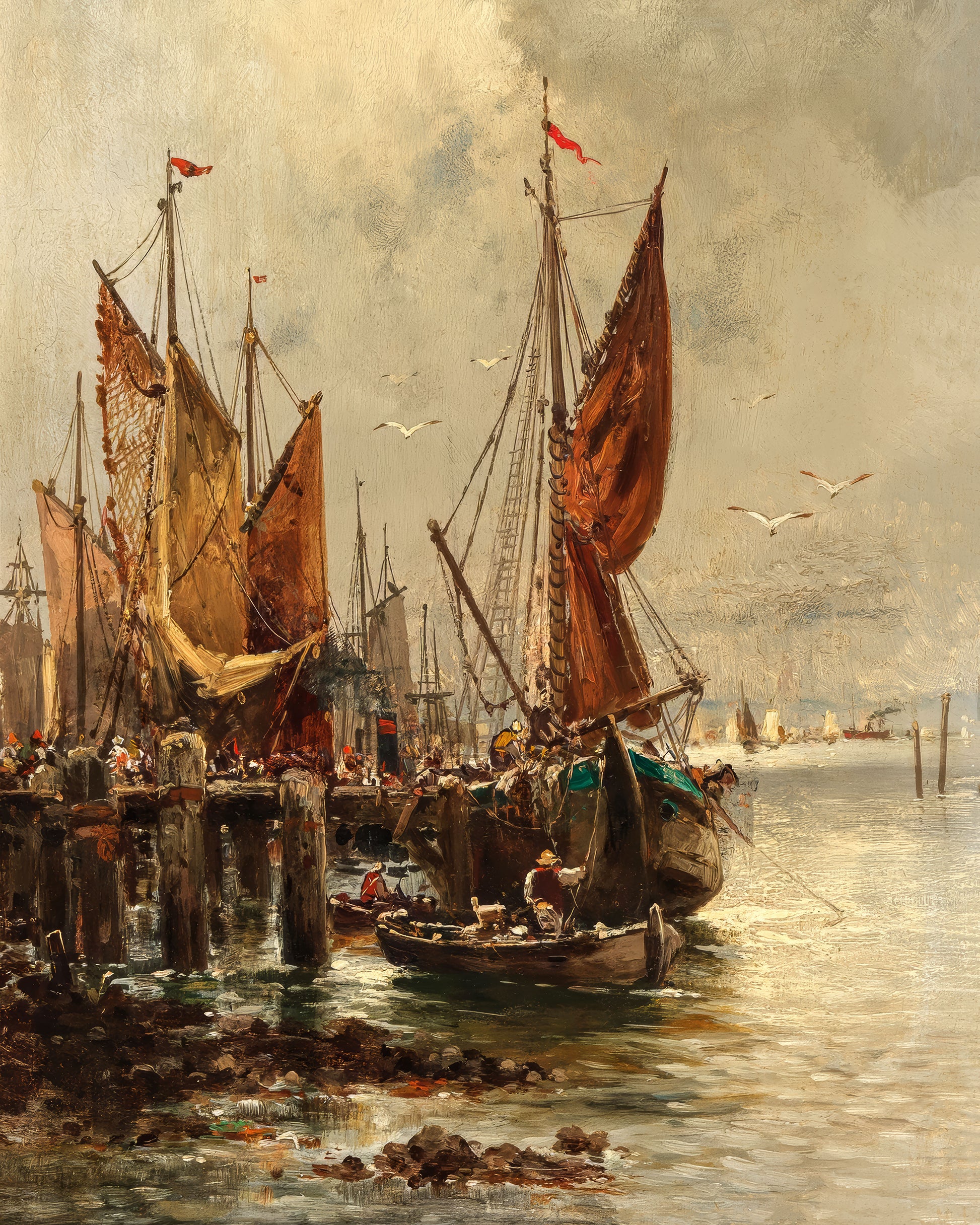 Art print of A Lively Scene in the Harbour by Adolf Kaufmann, c. late 19th century