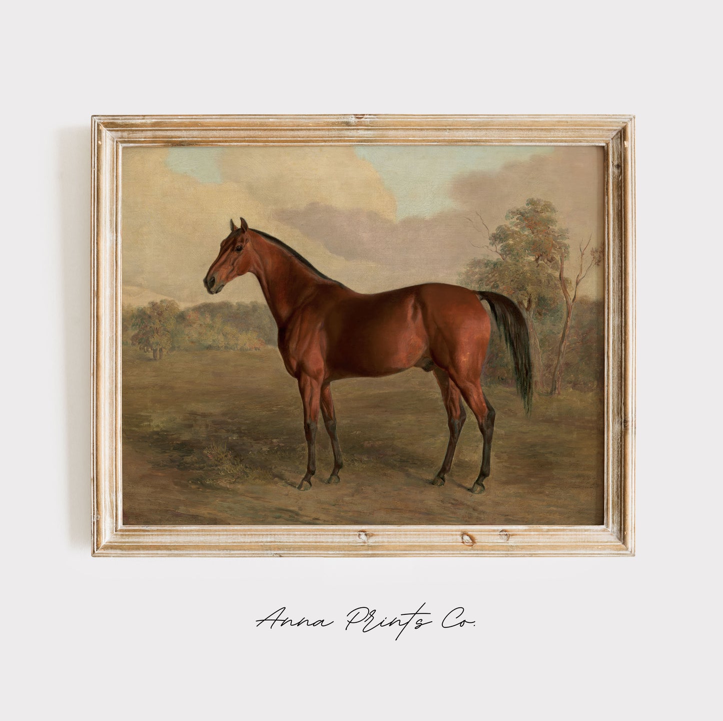 Vintage art print of Horse Equestrian Painting displayed in wooden frame