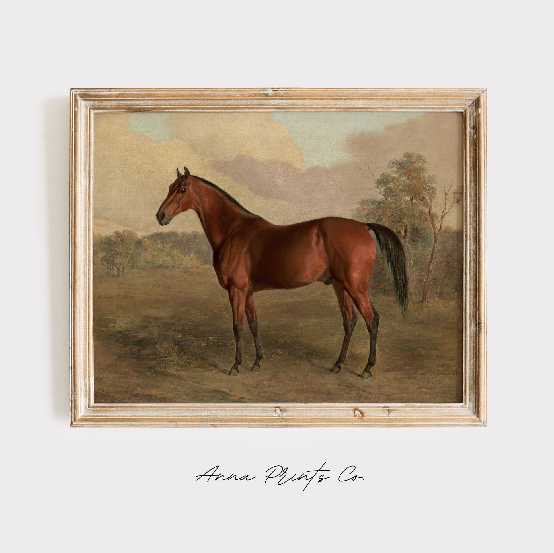 Vintage art print of Horse Equestrian Painting displayed in wooden frame