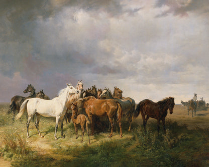 Art print of Horses on the Puszta by Franz Adam, 1858