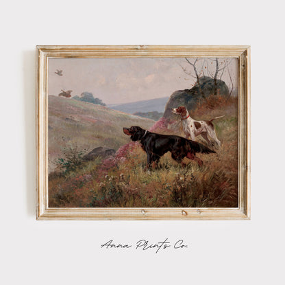 Vintage art print of Landscape with Dogs Painting displayed in wooden frame