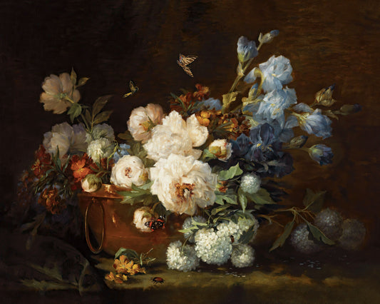 Art print of A Flower Still Life With Peonies, Irises, Hydrangea In A Copper Kettle, A Beetle And Butterflies by Marie Beloux-Hodieux, 1895