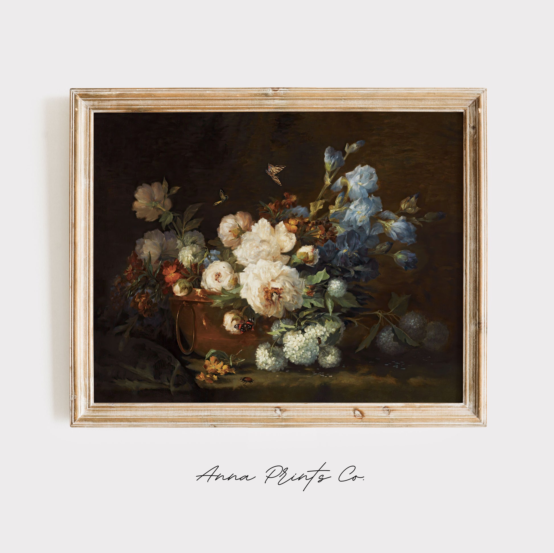 Vintage art print of Moody Floral Still Life Painting displayed in wooden frame