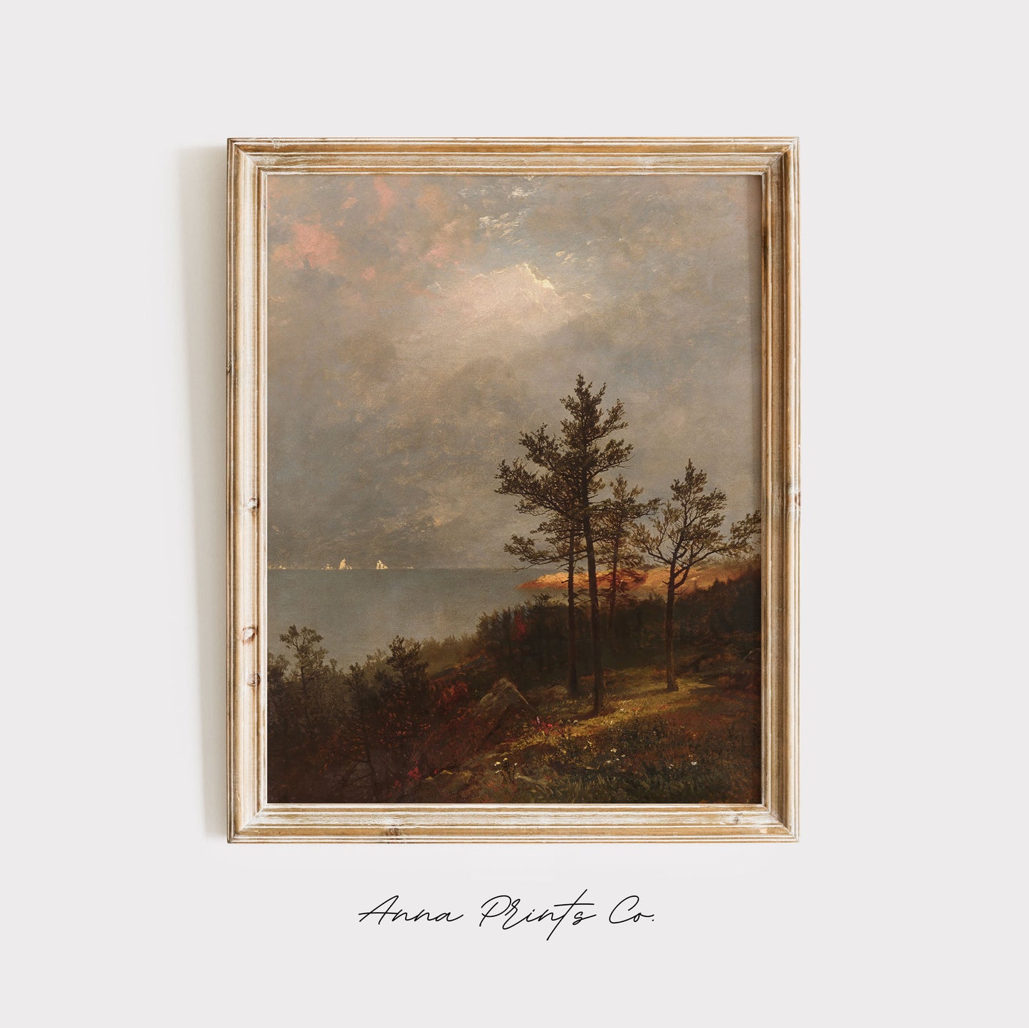 Vintage art print of Gathering Storm Fall Landscape displayed in wooden frame