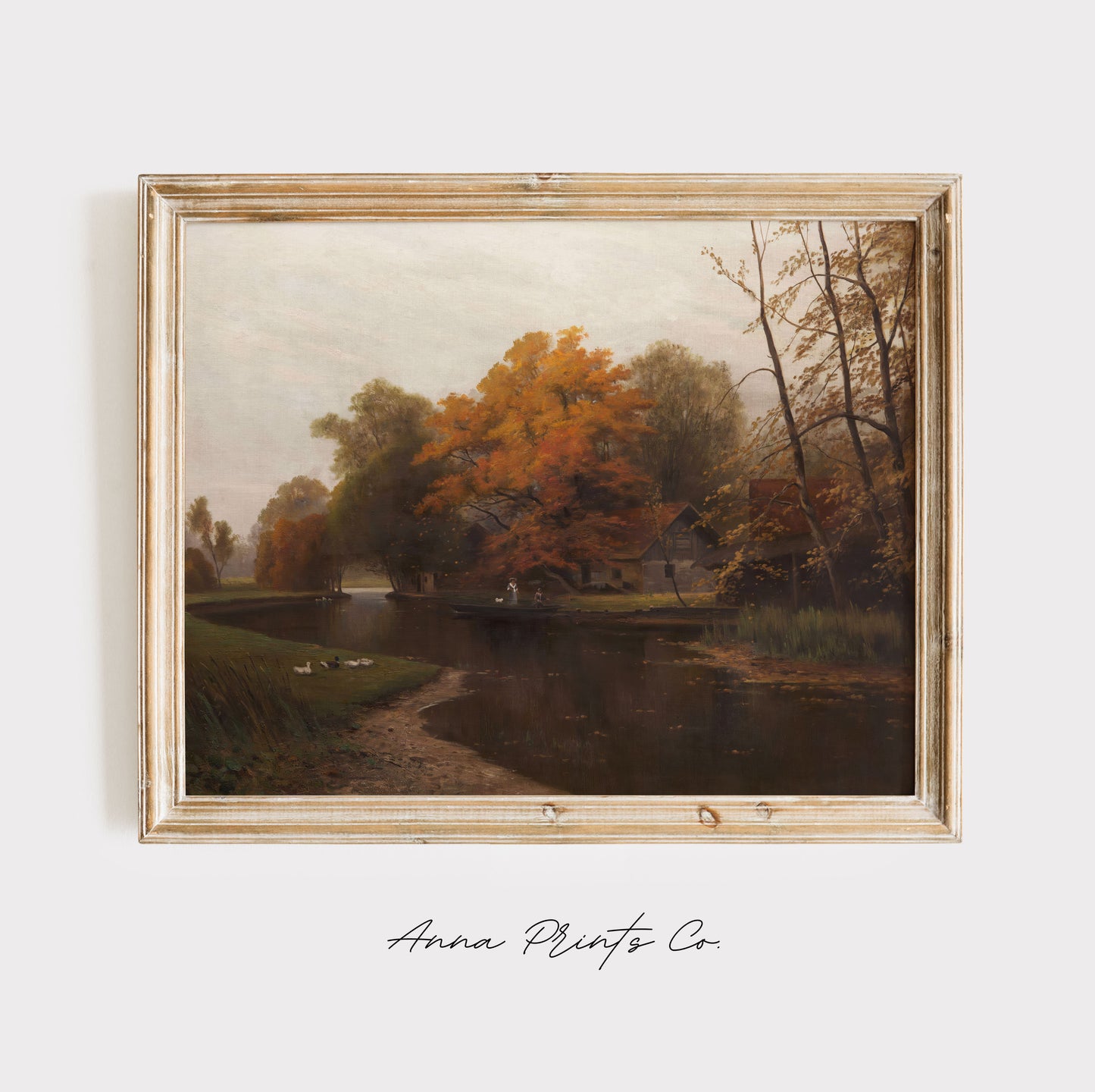 Vintage art print of Autumn by the Water Landscape displayed in wooden frame