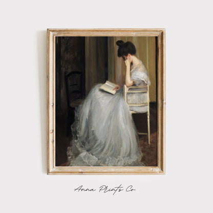 Vintage art print of Woman Reading Beautiful Painting displayed in wooden frame