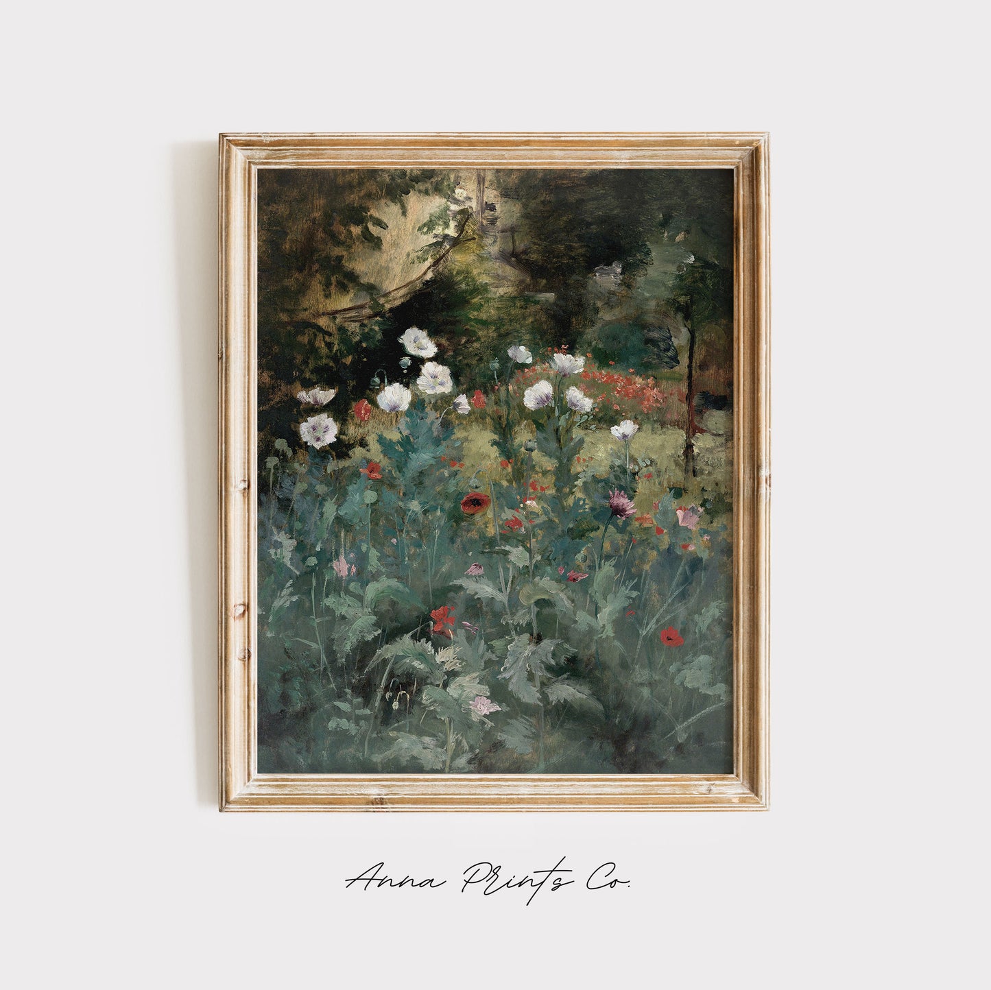 Vintage art print of Poppies Cottage Garden Painting displayed in wooden frame