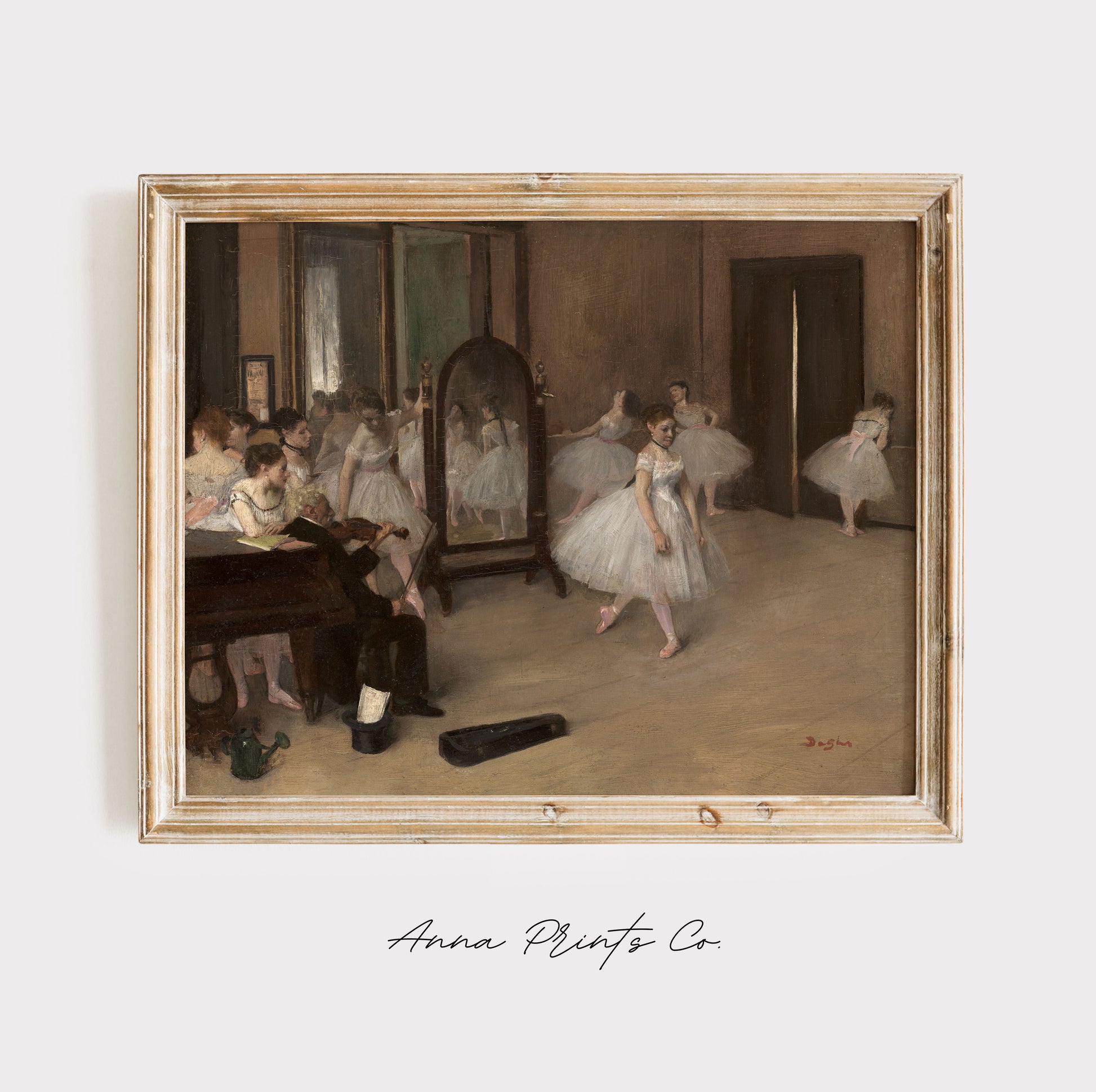 Vintage art print of The Dancing Class by Degas displayed in wooden frame
