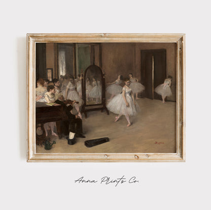 Vintage art print of The Dancing Class by Degas displayed in wooden frame