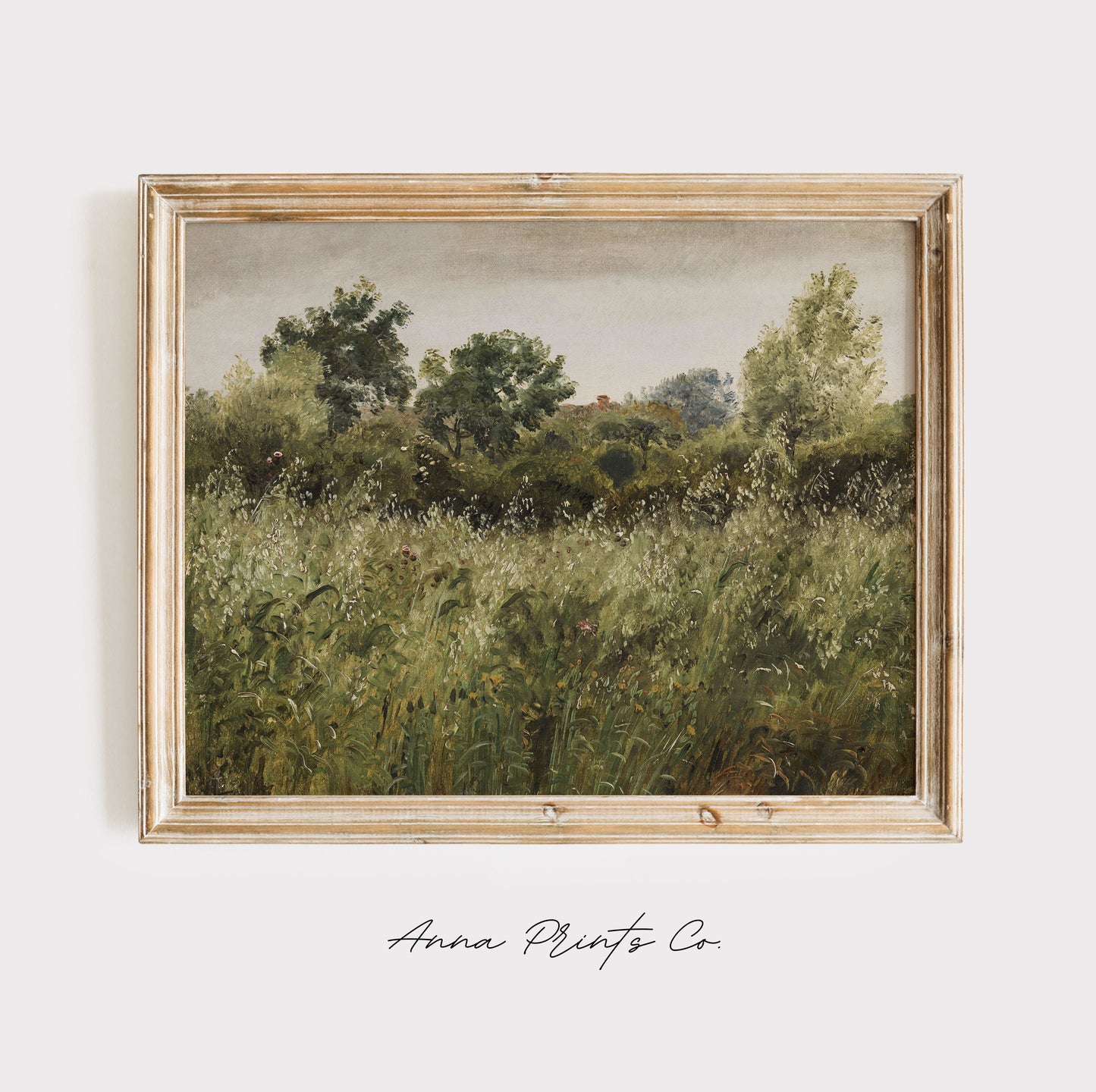 Vintage art print of Field of Oats Country Landscape displayed in wooden frame