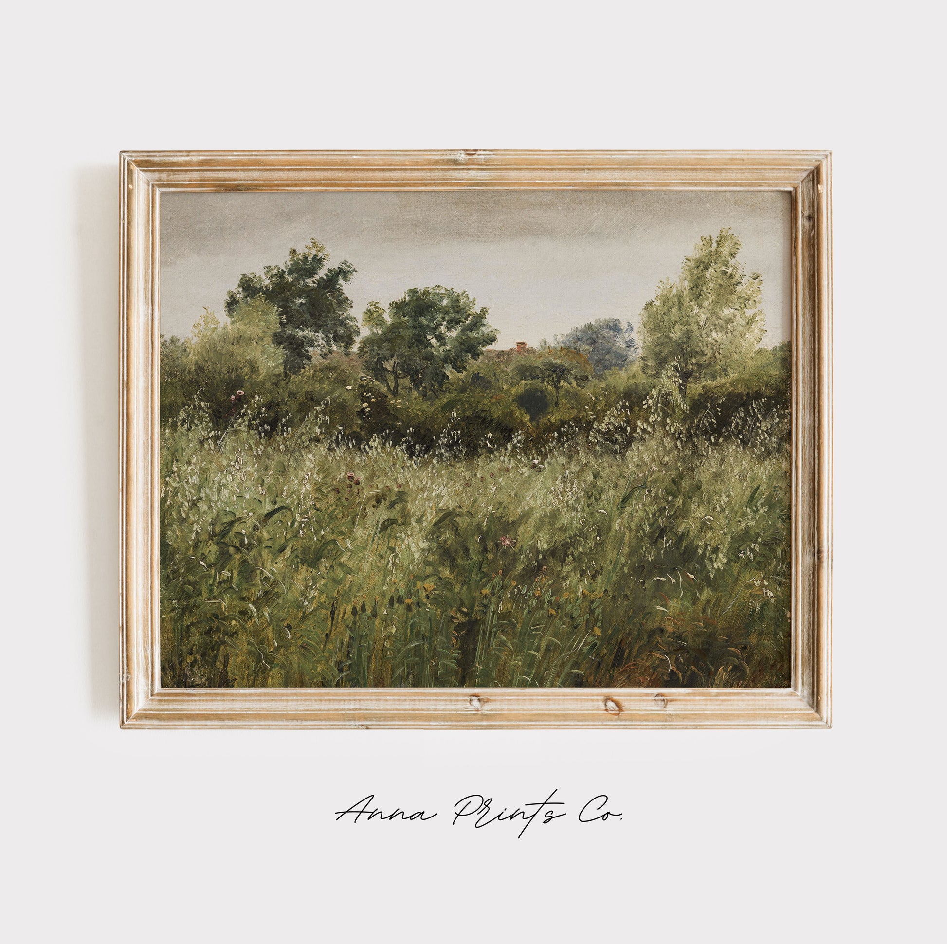 Vintage art print of Field of Oats Country Landscape displayed in wooden frame