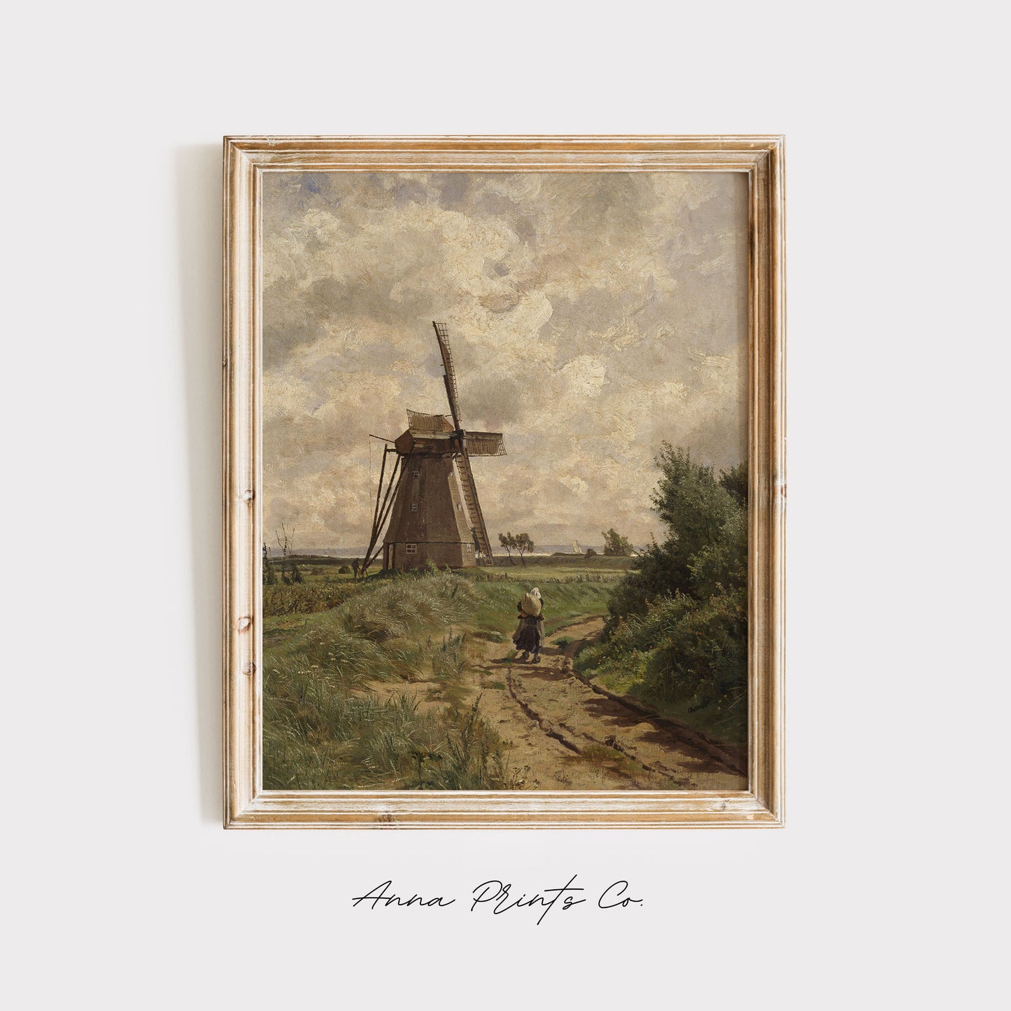 Vintage art print of Windmill Dutch Landscape Painting displayed in wooden frame
