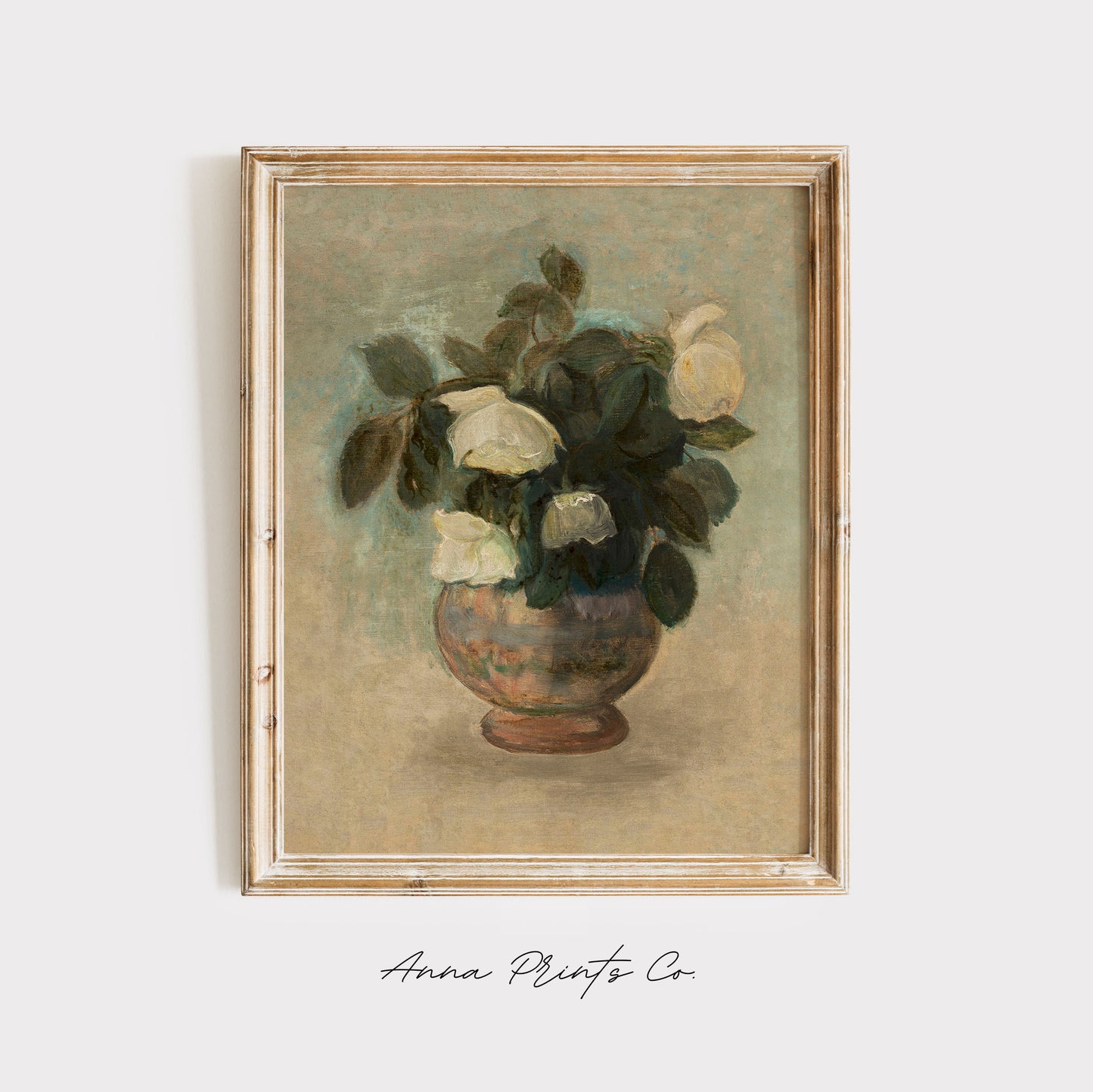 Vintage art print of White Roses Neutral Still Life displayed in wooden frame