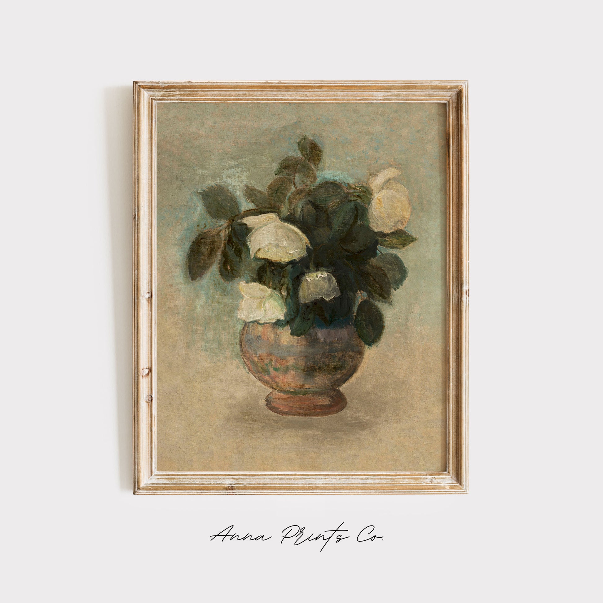 Vintage art print of White Roses Neutral Still Life displayed in wooden frame
