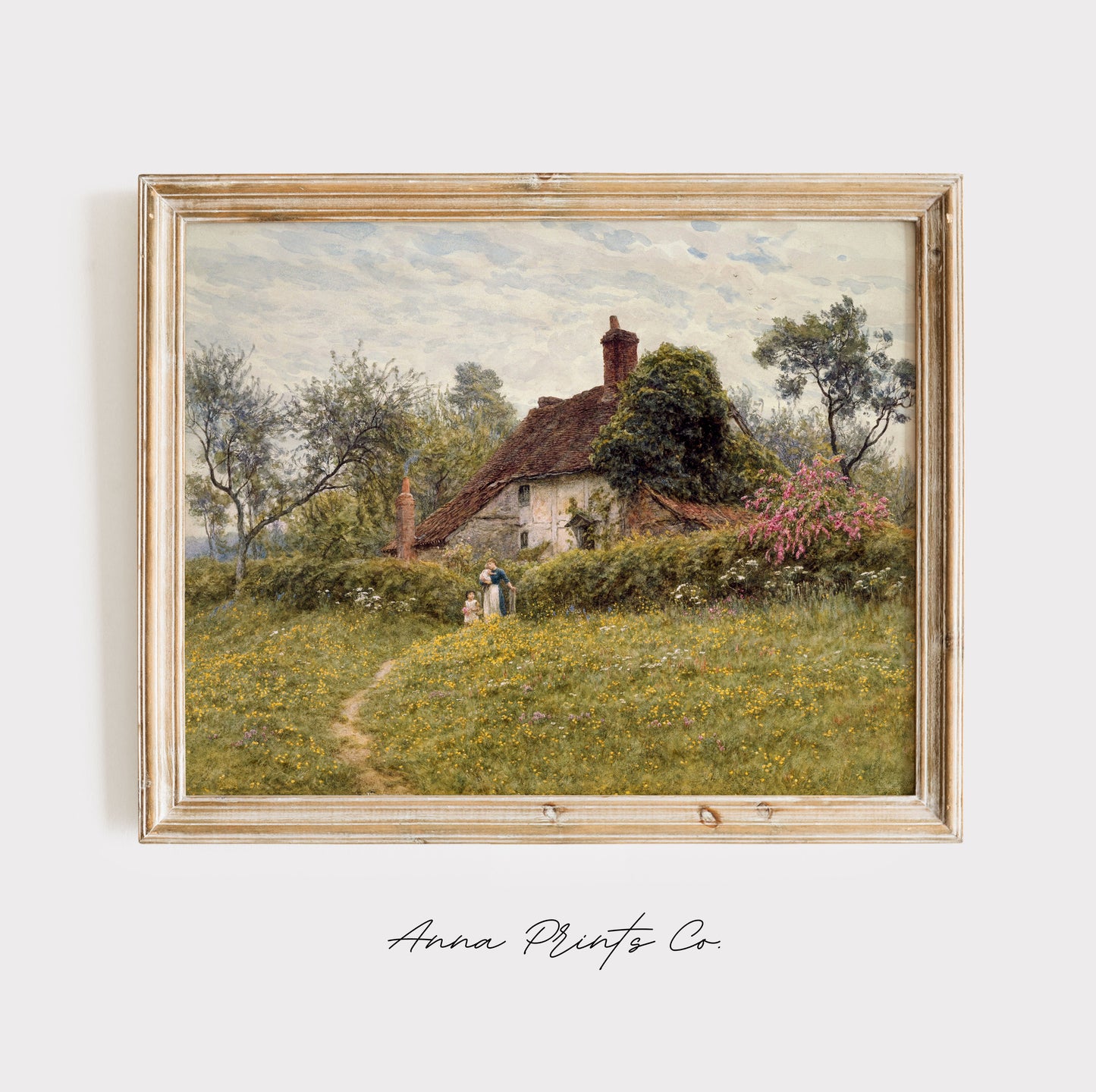 Vintage art print of Cottages at Pinner Cottagecore Decor displayed in wooden frame