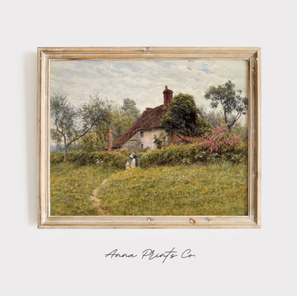 Vintage art print of Cottages at Pinner Cottagecore Decor displayed in wooden frame