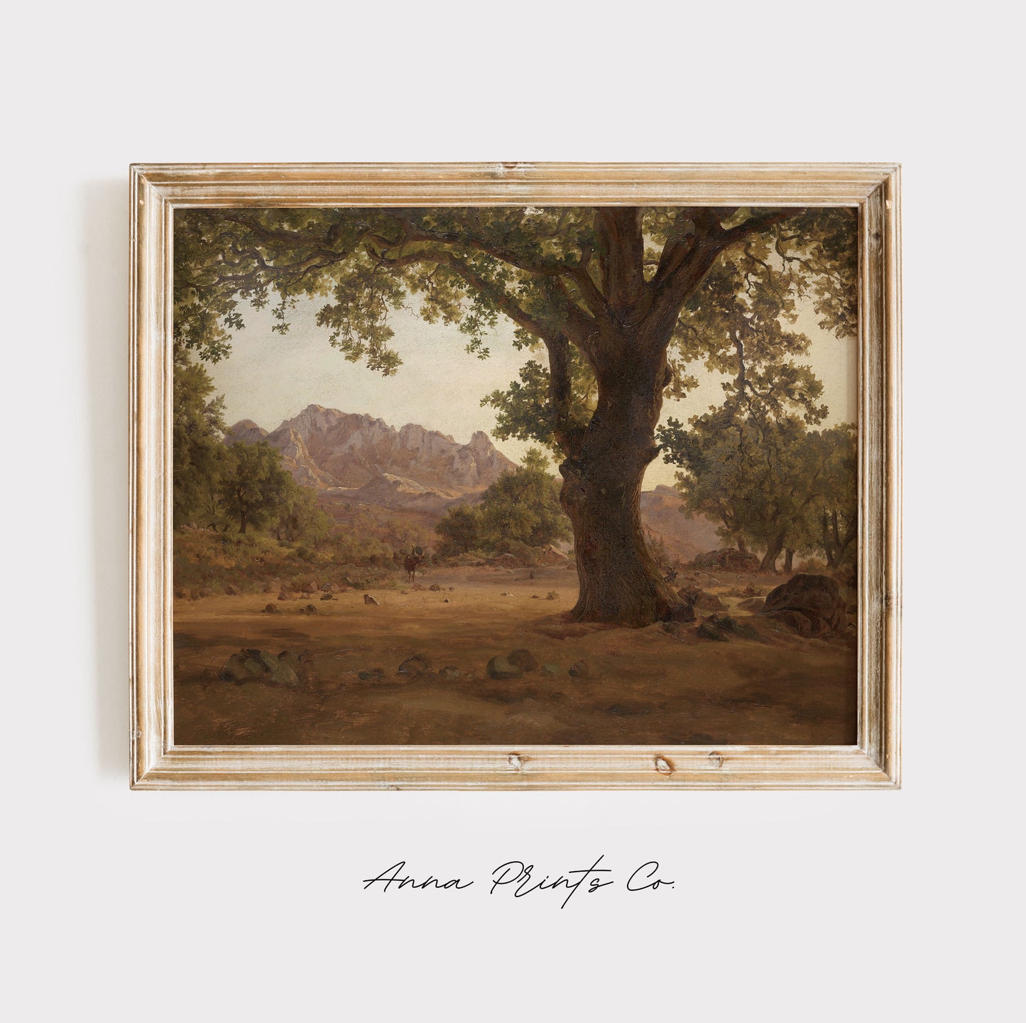 Vintage art print of Oak Tree in a Mountainous Landscape displayed in wooden frame