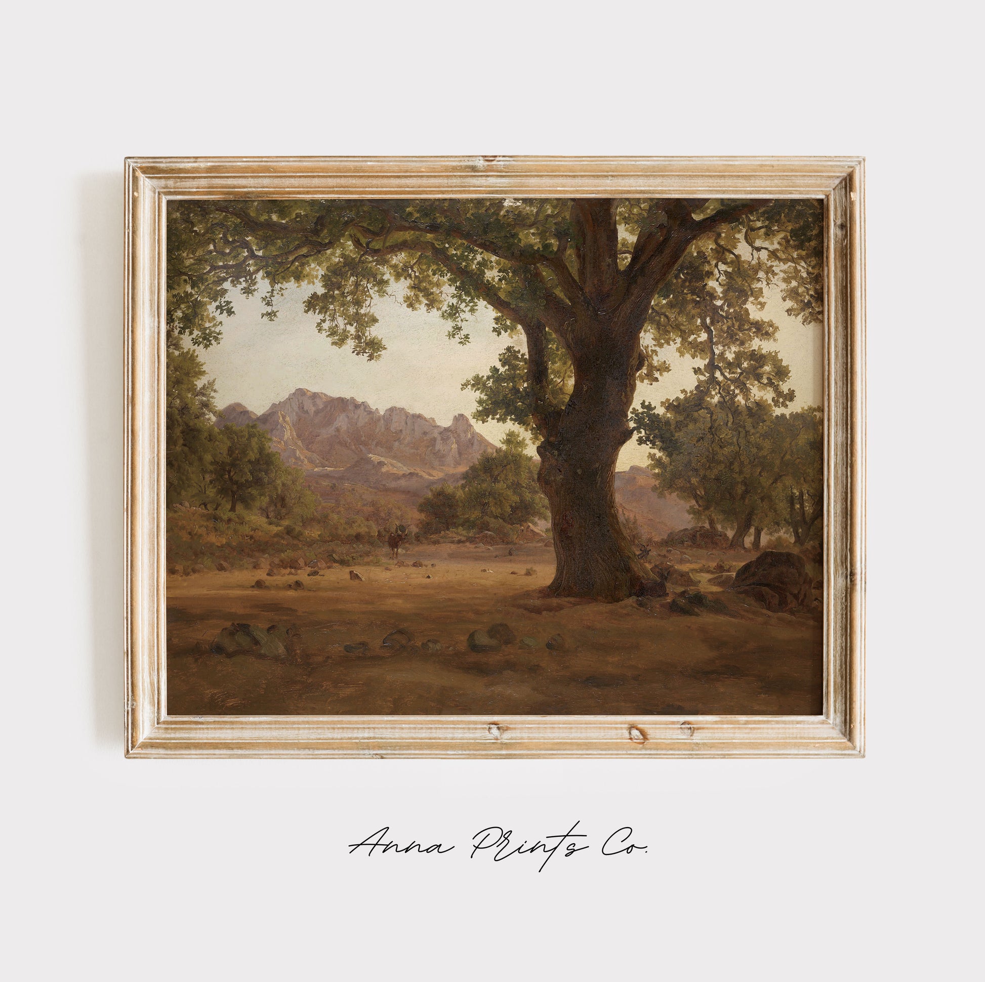 Vintage art print of Oak Tree in a Mountainous Landscape displayed in wooden frame