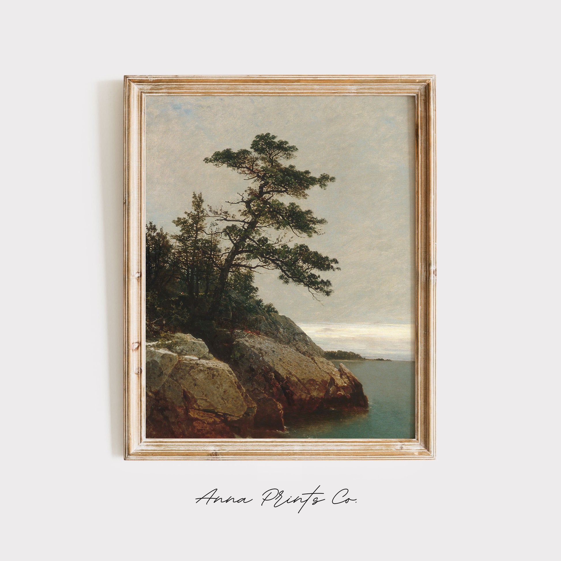 Vintage art print of Old Pine Coastal Landscape Painting displayed in wooden frame