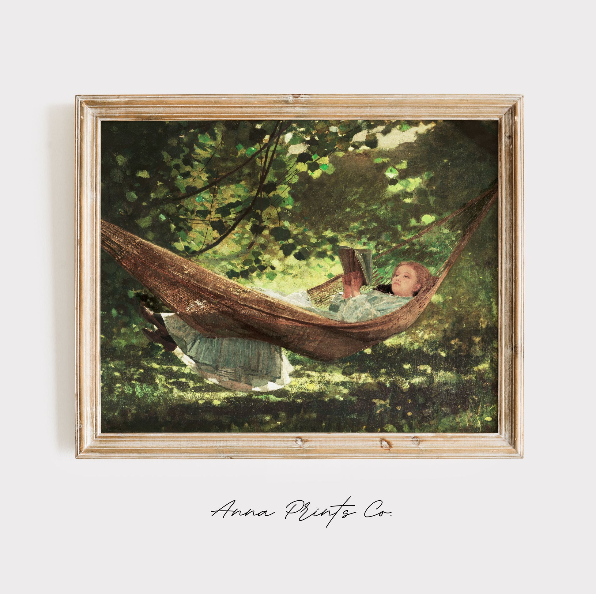 Vintage art print of Girl in the Hammock Reading Painting displayed in wooden frame