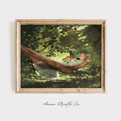 Vintage art print of Girl in the Hammock Reading Painting displayed in wooden frame