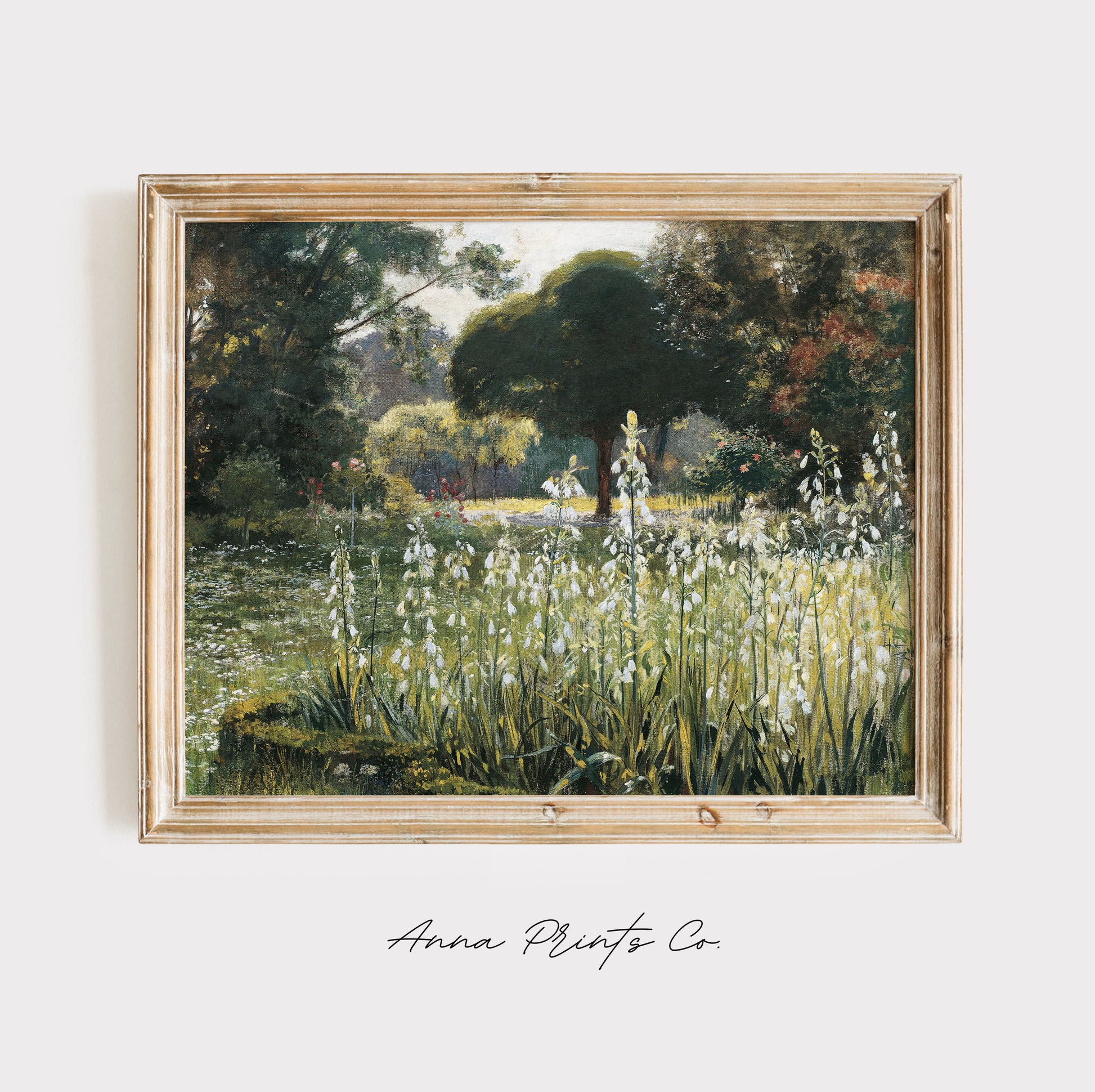 Vintage art print of Summer Hyacinths Cottage Landscape displayed in wooden frame