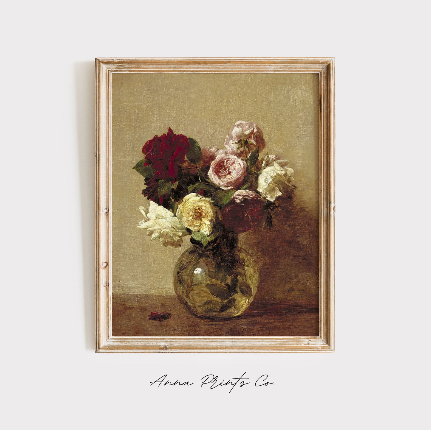 Vintage art print of Roses Cottage Floral Artwork displayed in wooden frame