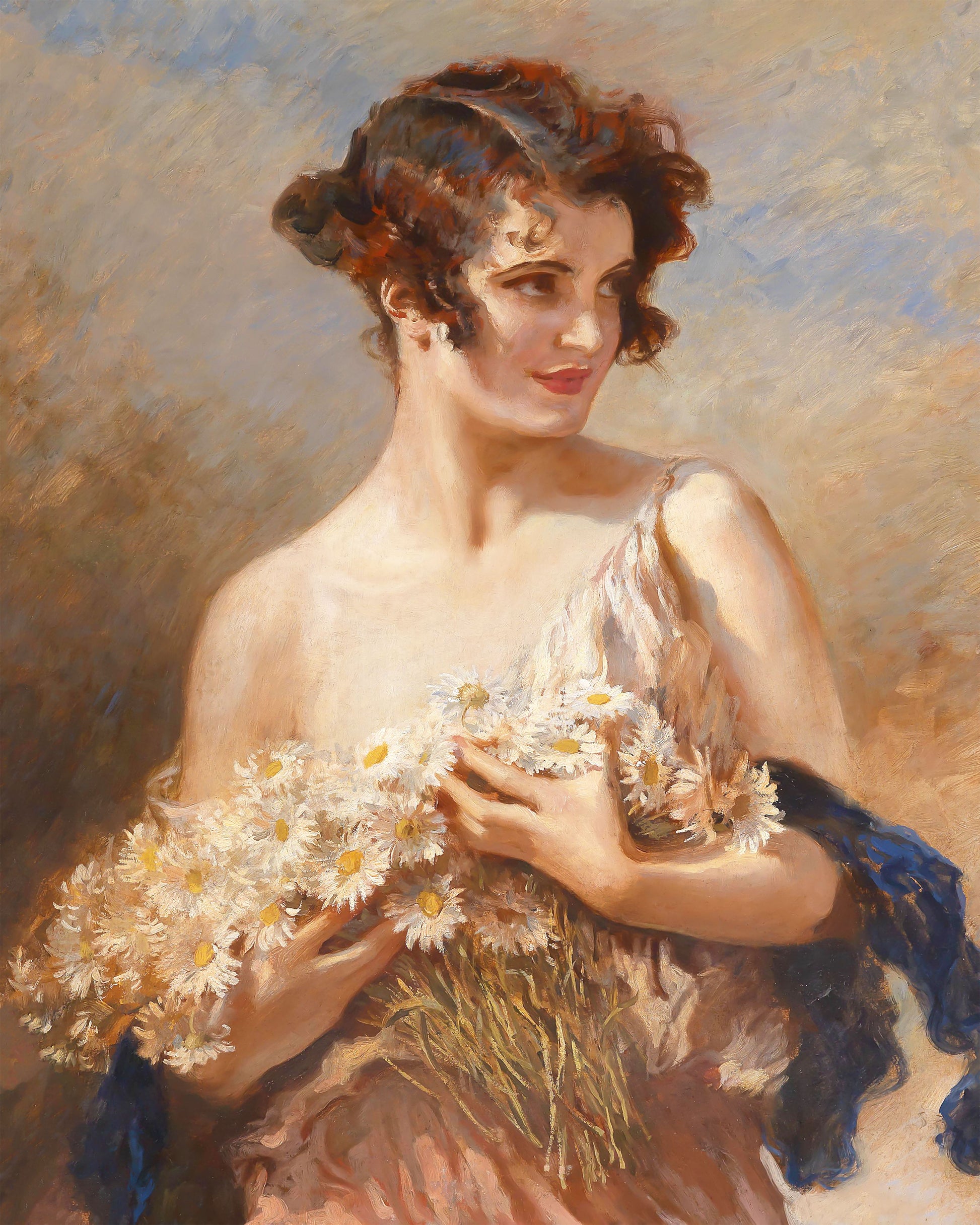Art print of Lady with Daisies by Leopold Schmutzler, c. late 1800s