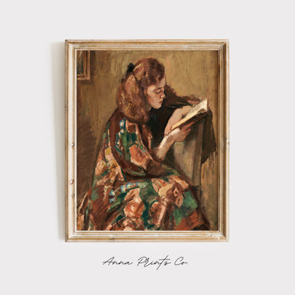 Vintage art print of Reading Girl Portrait Painting displayed in wooden frame